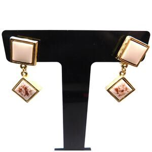 Vintage Clip-on Earrings Women Fashion Decorated Tile Dangle Drop Gold Tone 1.5"